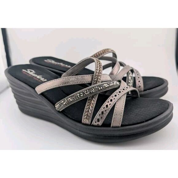 Skechers 8.5 Rumblers Silver Black Wedge Heel Sandal Crystals Strappy - Picture 1 of 7